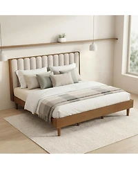 Sailvan Wood Bed with Piano Key Style Upholstered Headboard, Wood Bed with Strengthened Bed Frame
