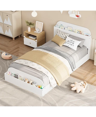 Homfan Wooden Beds with Storage Headboard and Raised-Foodboard, Twin-Floor Low Platform Bed for Bedroom