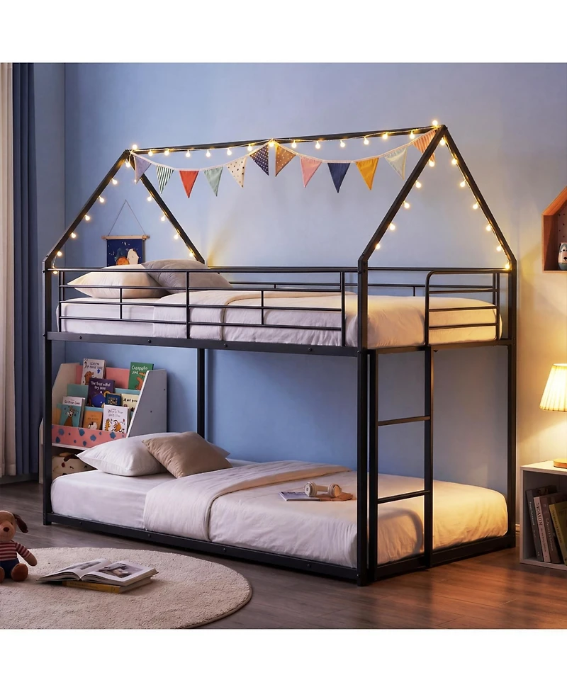 Slickblue Metal Bunk Bed with Roof Design and Ladder for Kids Small Spaces