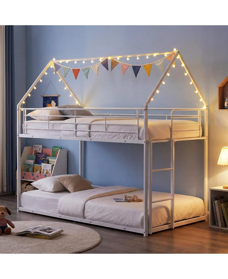 Slickblue Metal Bunk Bed with Roof Design and Ladder for Kids Small Spaces