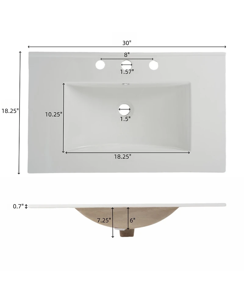 Busdays 30 Inch Bathroom Vanity with Ceramic Sink Full Extension Drawers Soft Close Slides Fluted Design Freestanding Storage Cabinet
