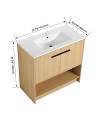 Sillysis Freestanding Bathroom Vanity with Ceramic Sink, Open Storage Shelf, 2 Soft Closing Doors