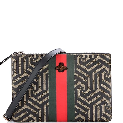 Pre-Owned Gucci Small Bee Web Zip Messenger Bag Caleido Gg Coated Canvas