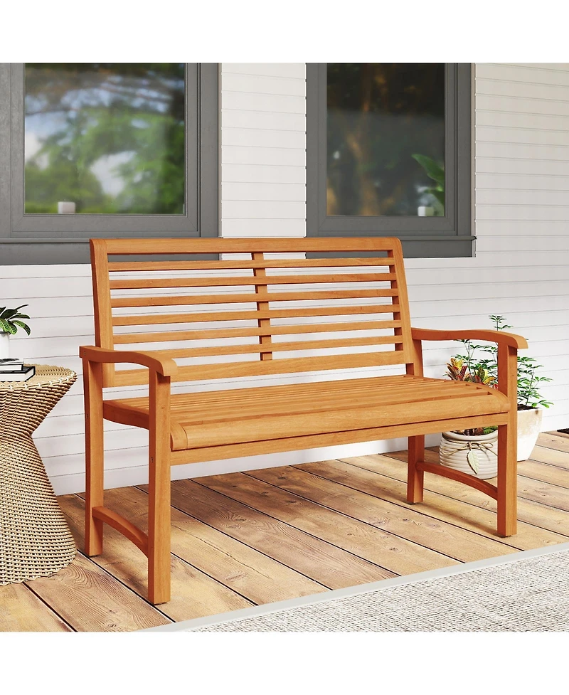 Gymax Teak Wood Outdoor Garden Bench 800 lbs Capacity Slatted Backrest Seat Armrests