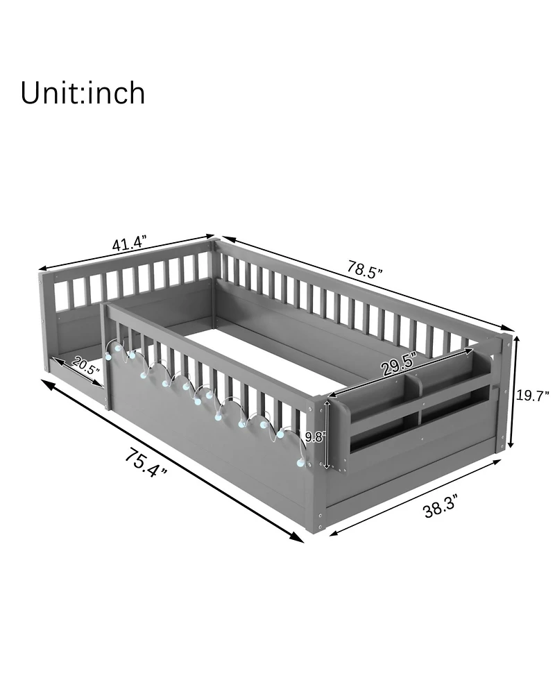 Rainsken Montessori Floor Bed with Storage Shelf and Light, No Slats Included
