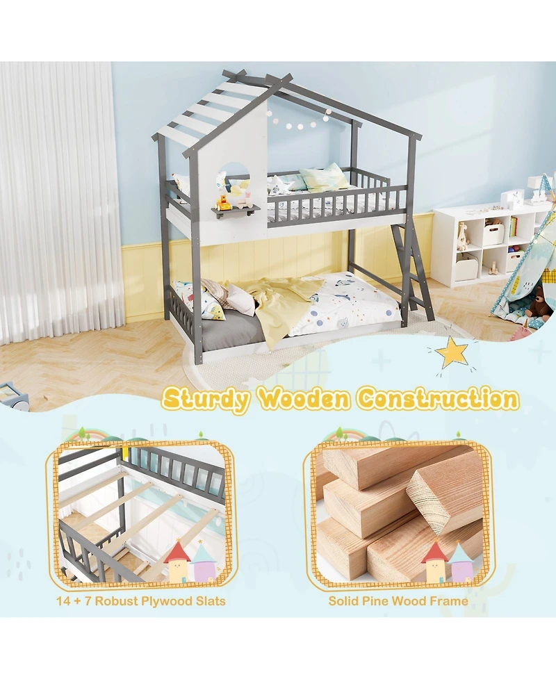 Slickblue Kids House Bunk Bed Twin Over Twin with Roof and Safety Rails