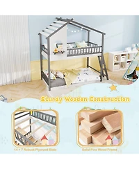 Slickblue Kids House Bunk Bed Twin Over Twin with Roof and Safety Rails