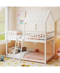 Slickblue House Style Twin Over Bunk Bed with Roof, Guardrails for Kids and Teens Room