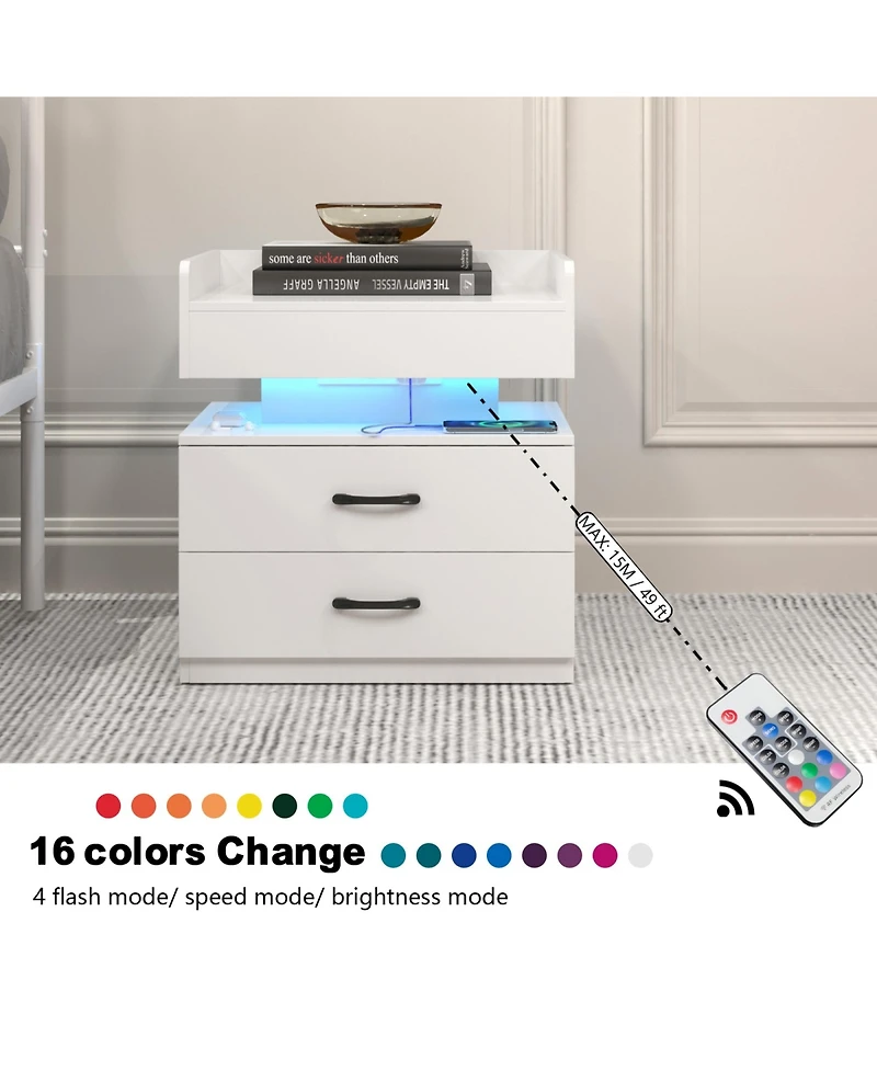 Rainsken Nightstand with Adjustable Led Strip Light, Bedside Table with 2 Drawers, Flip Top Hidden Storage, High Gloss Wood End Table for Bedroom