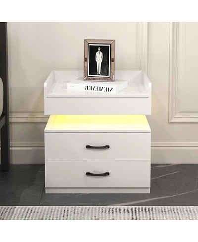 Rainsken Nightstand with Adjustable Led Strip Light, Bedside Table with 2 Drawers, Flip Top Hidden Storage, High Gloss Wood End Table for Bedroom