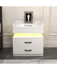 Rainsken Nightstand with Adjustable Led Strip Light, Bedside Table with 2 Drawers, Flip Top Hidden Storage, High Gloss Wood End Table for Bedroom
