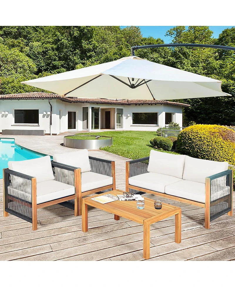 Costway 4 Pcs Wood Outdoor Patio Furniture Set with Cushions Cushion Cover Sets