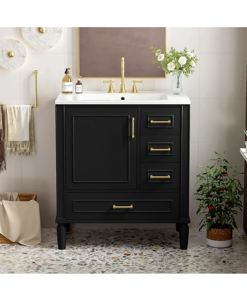 Sillysis Bathroom Vanity with Ceramic Sink, Solid Wood Frame, 3 Drawers and Soft Close Door, Modern Storage Cabinet
