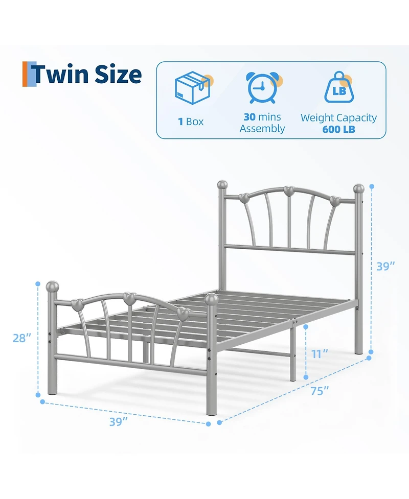 Homfan Heart-Shaped Metal Platform Bed Frame with Headboard and Footboard, Quiet Slat Support