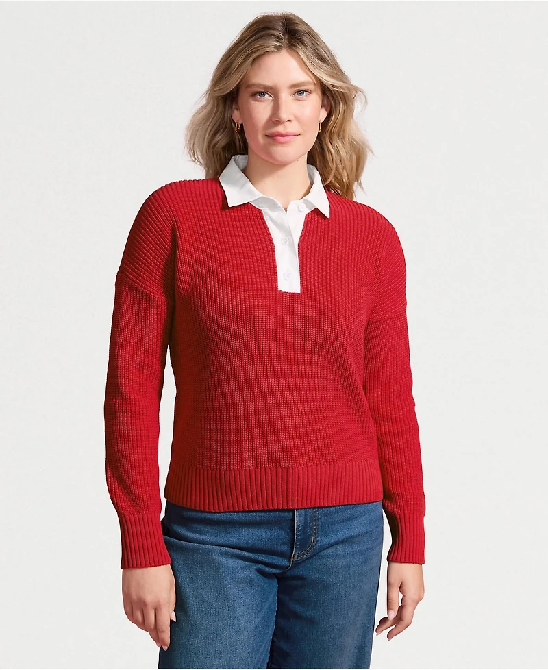 Lands' End Women's Drifter Rugby with Woven Collar Sweater