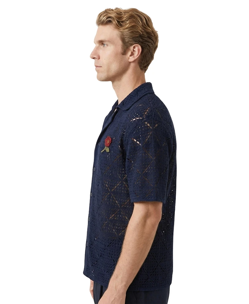 Modenaire Men's Open-Knit Short-Sleeve Embroidered Shirt