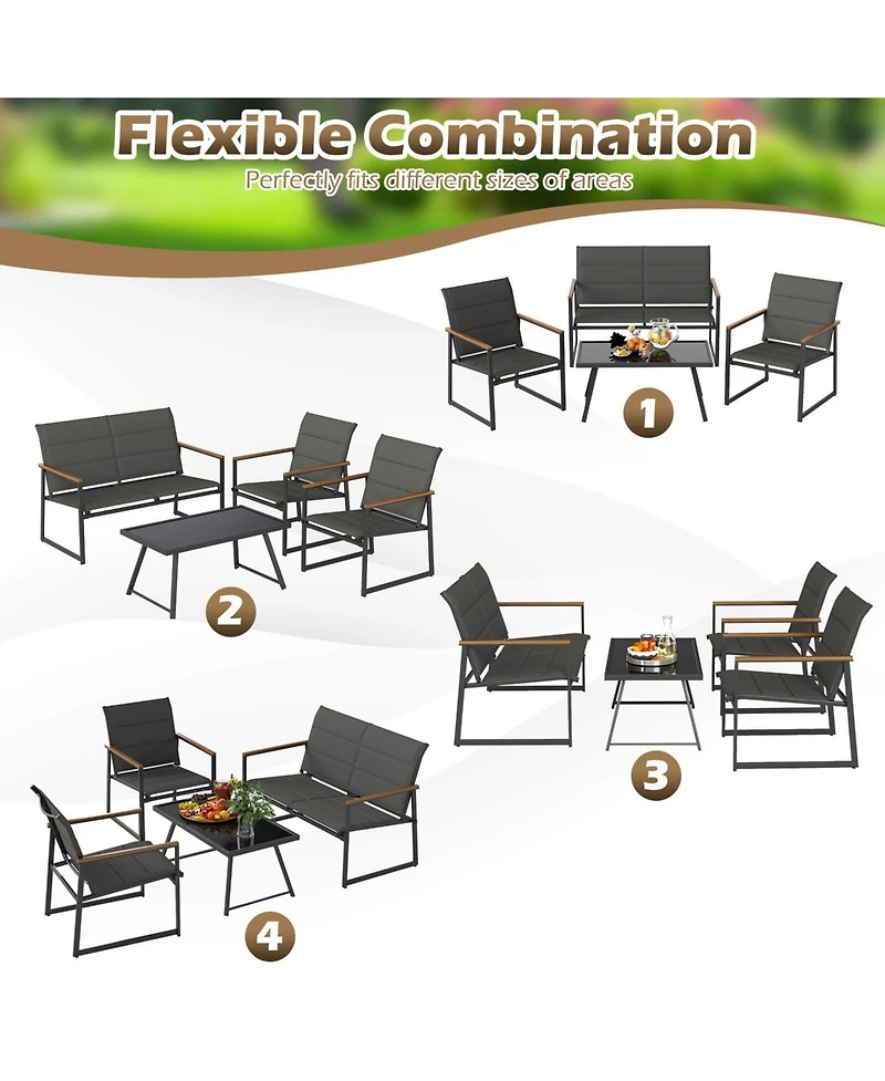 Costway 8 Pcs Patio Furniture Setwith Padded Fabric Seat & Wood-Plastic Armrests Table