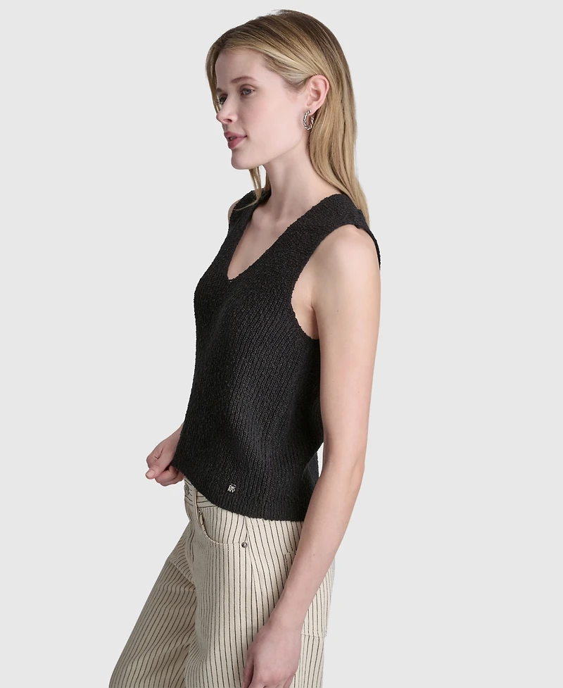 Dkny Jeans Women's Sleeveless V-Neck Rib Logo Charm Cotton Slub Sweater