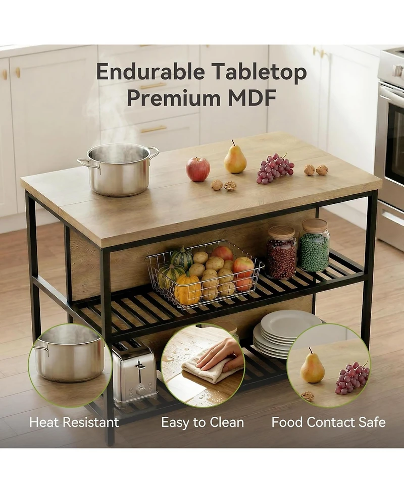 Tribesigns 55-Inch Kitchen Island Table with Storage, 3-Tier Stationary Center Island Table with Metal Base, Farmhouse Rustic Kitchen Island