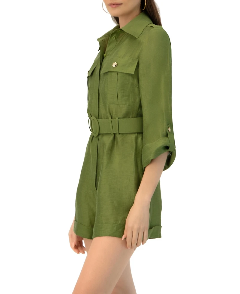 Ivonne Women's Belted Linen Romper with Cargo Patch Pockets