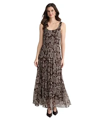 Jones New York Petite Printed Scoop Neck Multi-Tier Maxi Dress