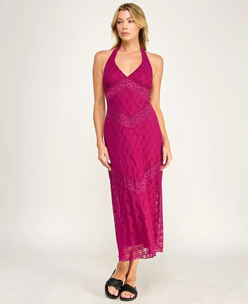 Row A Juniors' Lace Detail Halter Neck Midi Dress