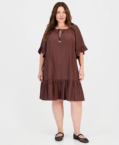 Robbie Bee Plus Ruffle-Hem Bell-Sleeve Split-Neck Dress