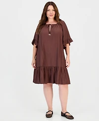 Robbie Bee Plus Ruffle-Hem Bell-Sleeve Split-Neck Dress
