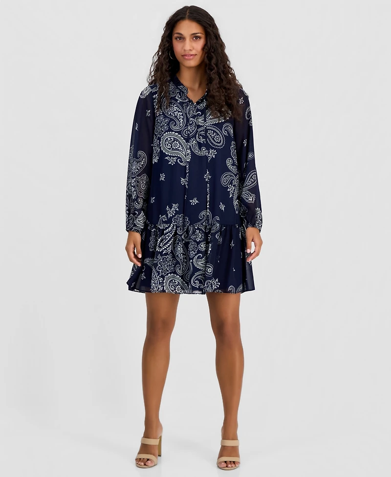 Robbie Bee Petite Printed Chiffon Tie-Neck Tiered Dress