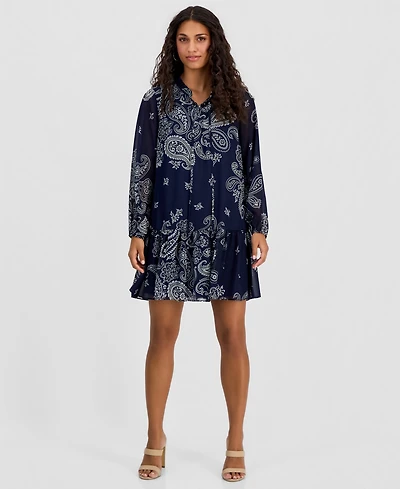 Robbie Bee Petite Printed Chiffon Tie-Neck Tiered Dress
