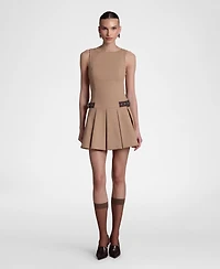 Avec Les Filles Women's Sretch Cotton Boat Neck Pleated Mini Dress