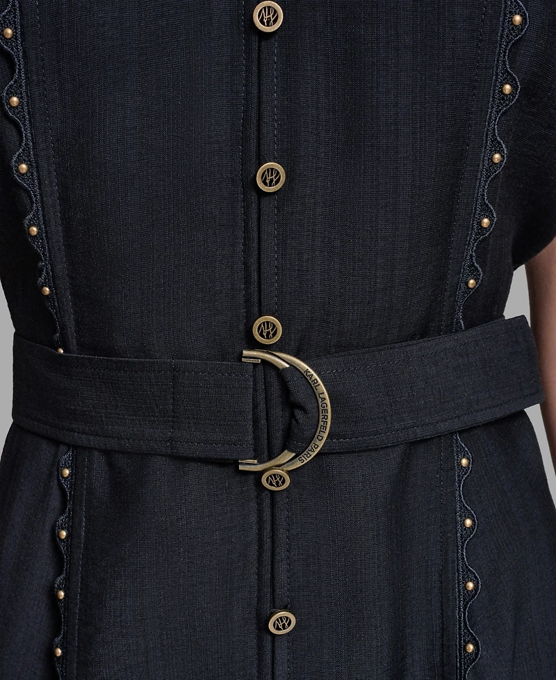 Karl Lagerfeld Paris Women's Belted Nailhead Trim V-Neck Dress