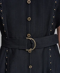 Karl Lagerfeld Paris Women's Belted Nailhead Trim V-Neck Dress
