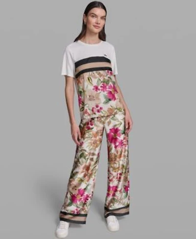 Karl Lagerfeld Paris Womens Short Sleeve Mixed Media Print Knit Top Soft Floral Print Pull On Pants