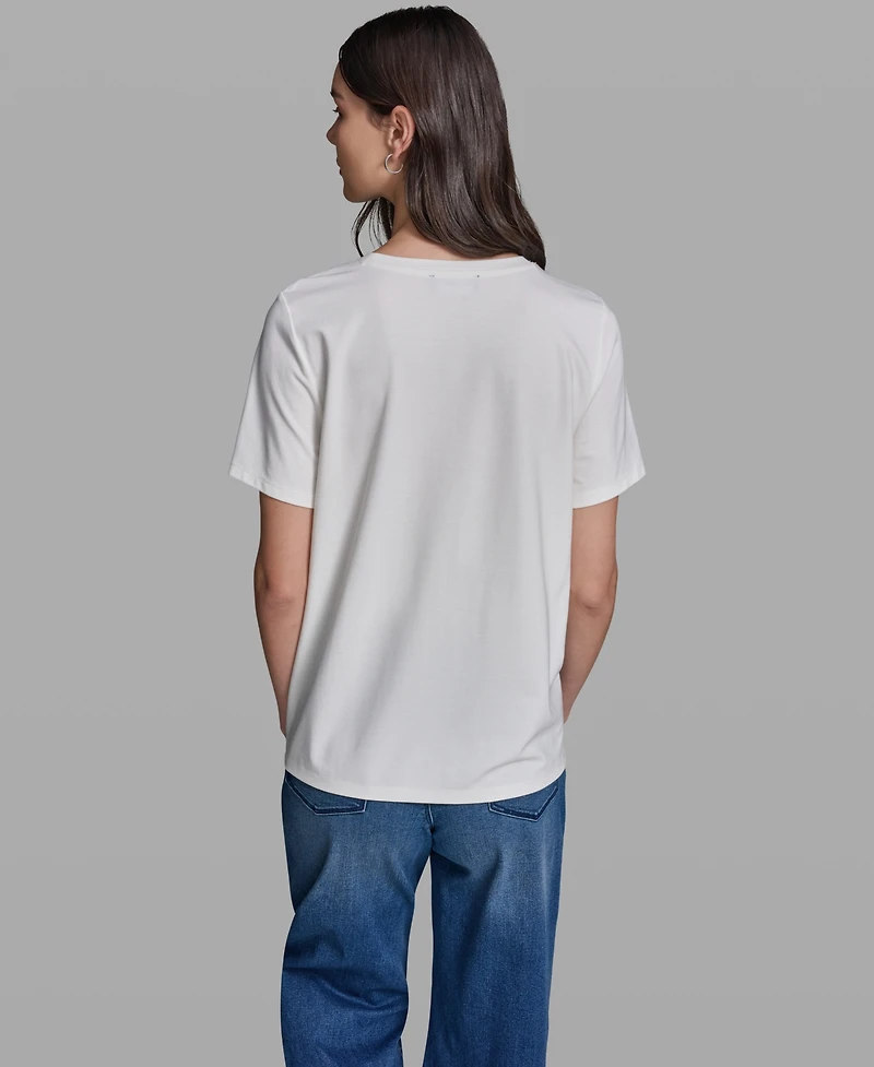 Karl Lagerfeld Paris Women's Short-Sleeve Mix-Media Printed Knit Top