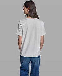 Karl Lagerfeld Paris Women's Short-Sleeve Mix-Media Printed Knit Top
