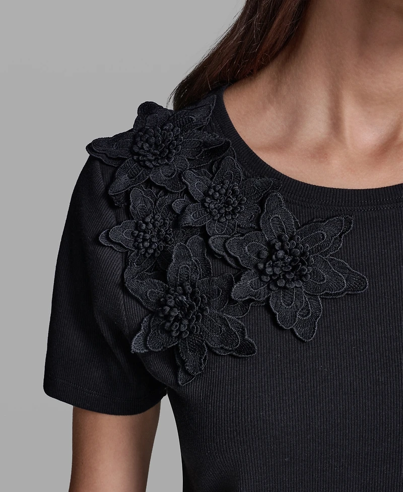 Karl Lagerfeld Paris Women's Floral Applique Short-Sleeve Rib Knit Top