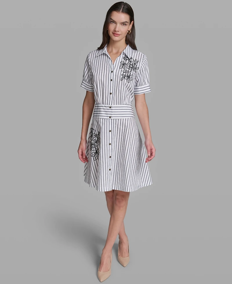 Karl Lagerfeld Paris Women's Poplin Short-Sleeve Collared Striped Cotton Dress