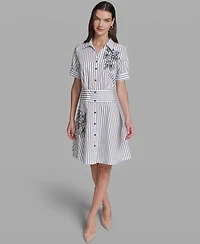 Karl Lagerfeld Paris Women's Poplin Short-Sleeve Collared Striped Cotton Dress