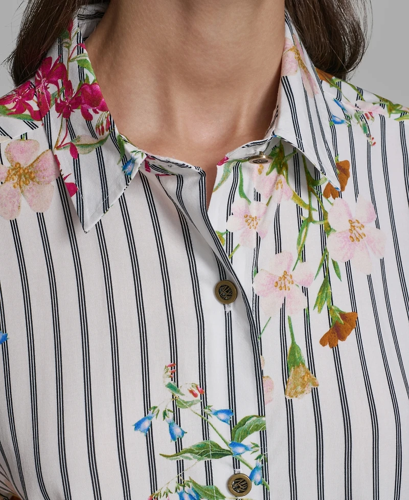 Karl Lagerfeld Paris Women's Short-Sleeve Bungee Woven Collared Top