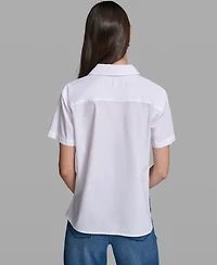 Karl Lagerfeld Paris Women's Poplin Floral Embroidered Collared Top