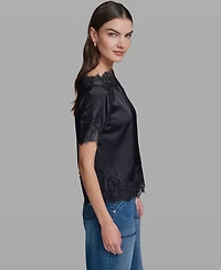 Karl Lagerfeld Paris Women's Short-Sleeve Lace Trim Blouse