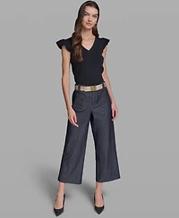 Karl Lagerfeld Paris Women's Pinstripe Mid-Rise Belted Crop Pants