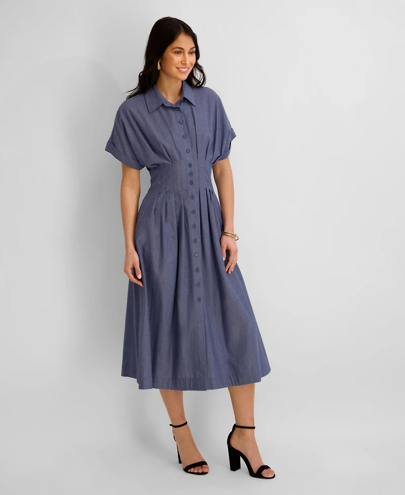 Kensie Women's Button-Front Short-Sleeve Midi Shirt Dress