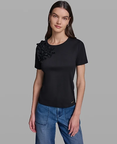 Karl Lagerfeld Paris Petite 3D Flower Short-Sleeve T-Shirt