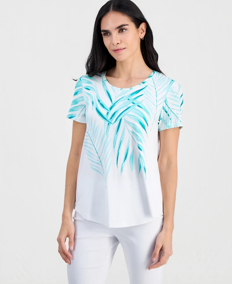 Jm Collection Petite Tropical Short-Sleeve Round-Neck Top, Macy's Exclusive
