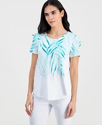 Jm Collection Petite Tropical Short-Sleeve Round-Neck Top, Macy's Exclusive