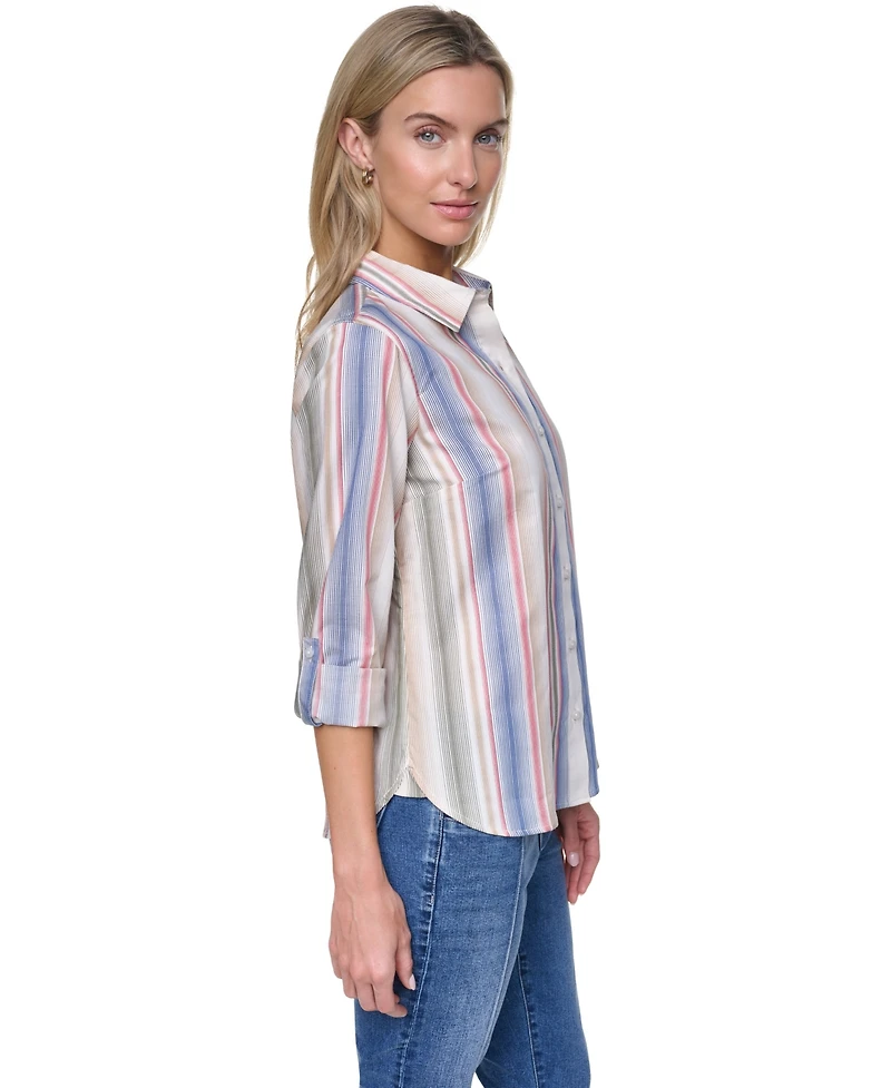 Nautica Women's Cotton-Blend Roll-Tab Button-Front Shirt