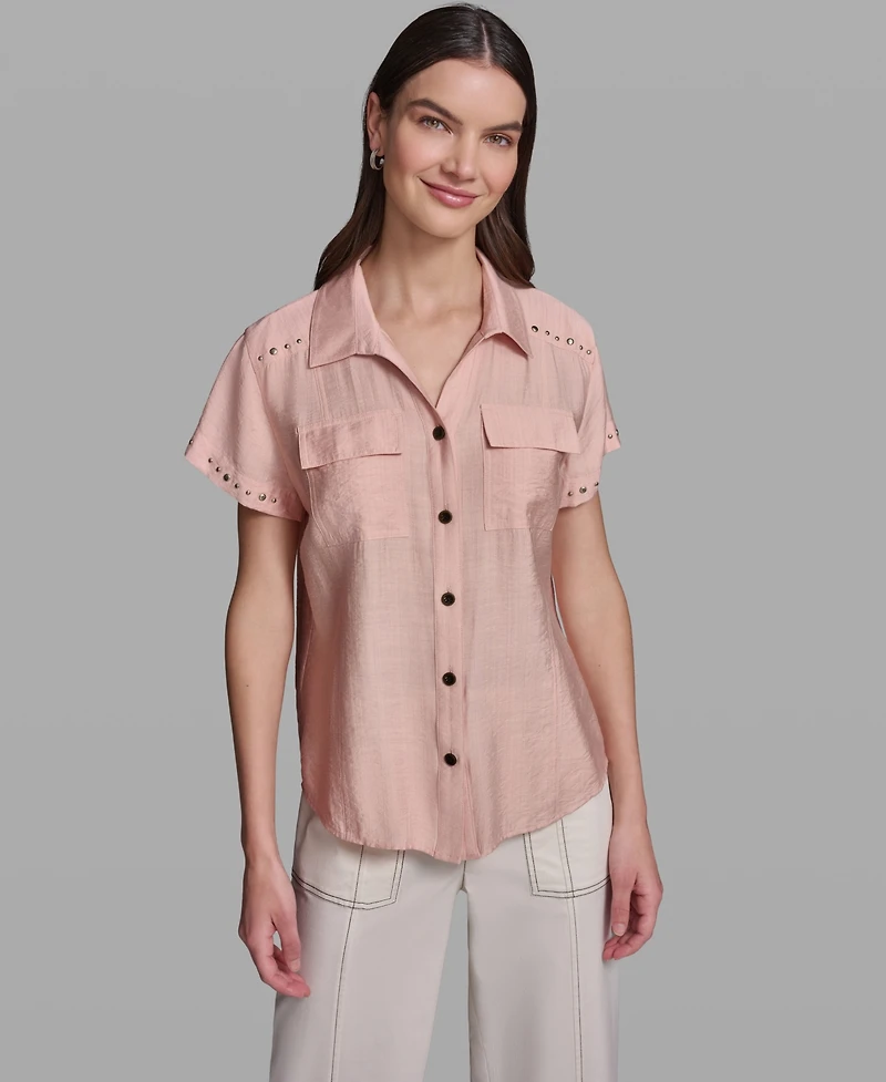 Karl Lagerfeld Paris Women's Short-Sleeve Camp Collar Shirt