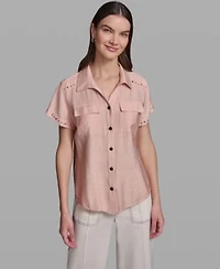 Karl Lagerfeld Paris Womens Short Sleeve Camp Collar Shirt